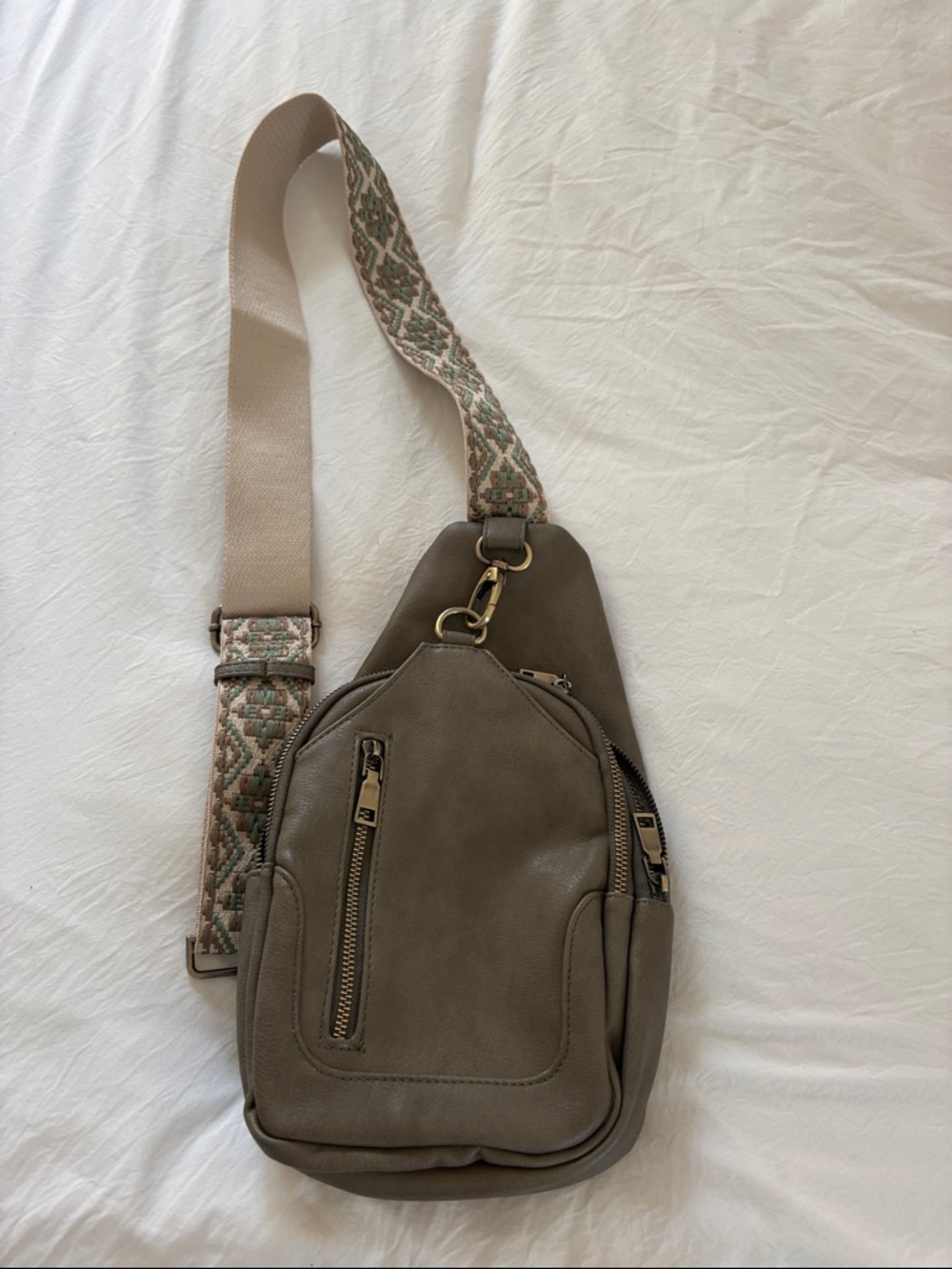Antik Kraft Olive Green Crossbody Sling Bag with Patterned Strap